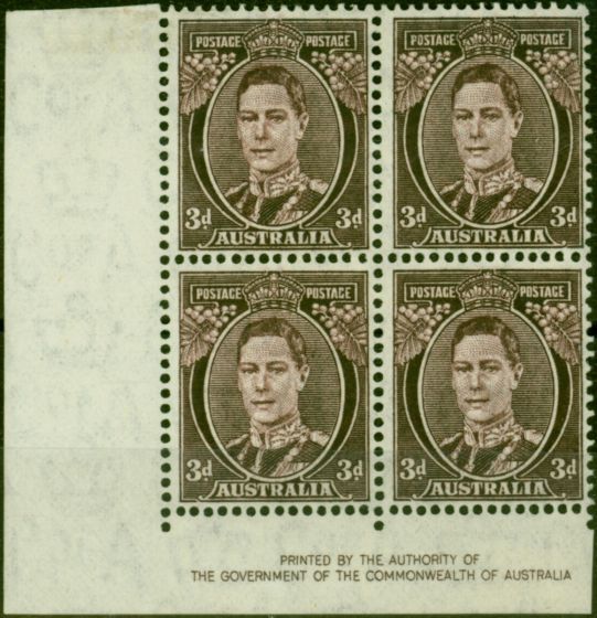Old Postage Stamp Australia 1941 3d Purple-Brown SG187 V.F MNH Corner Imprint Block of 4 (2)