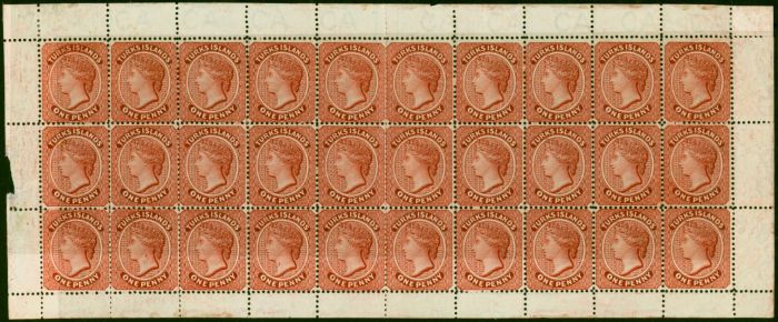 Valuable Postage Stamp Turks Islands 1889 1d Lake SG63 in Fine MNH Complete Sheet of 30 Showing 'Neck & Throat' Flaws