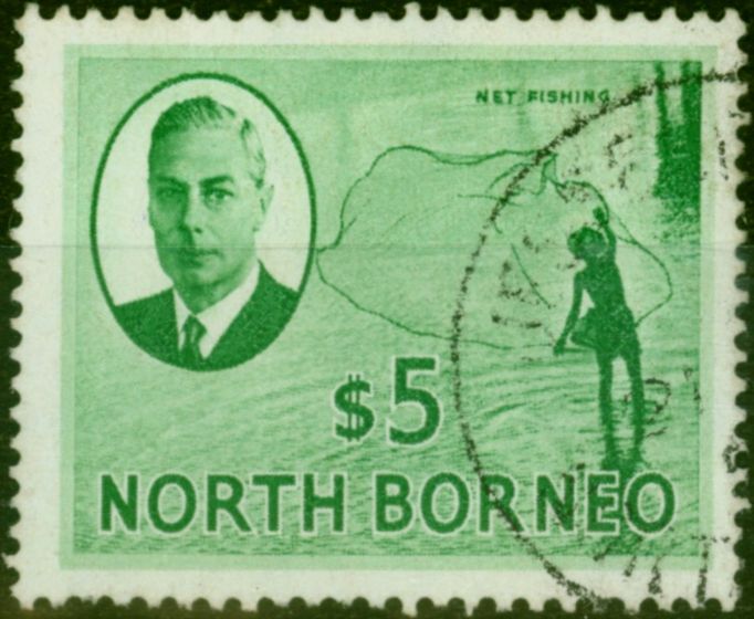 Rare Postage Stamp North Borneo 1950 $5 Emerald-Green SG369 Fine Used