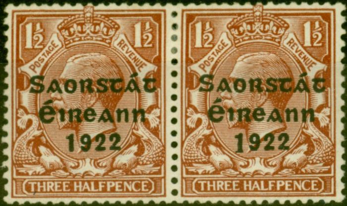 Old Postage Stamp from Ireland 1923 1 1/2d Red-Brown SG69a Coil Long 1 in Pair with Normal Fine LMM