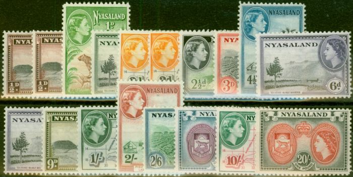 Old Postage Stamp Nyasaland 1953-54 Extended Set of 18 SG173-187 All Perfs Fine & Fresh MM