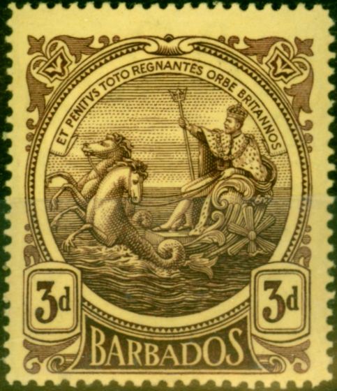 Rare Postage Stamp from Barbados 1919 3d Dp Purple-Yellow SG186a Thick Paper Fine Lightly Mtd Mint
