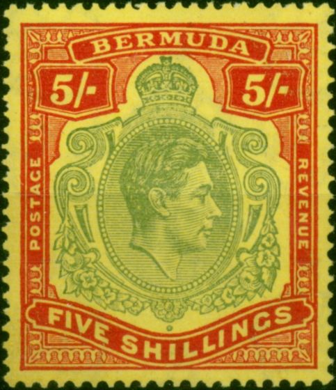 Old Postage Stamp Bermuda 1939 5s Pale Green & Red-Yellow SG118a V.F VLMM (2)