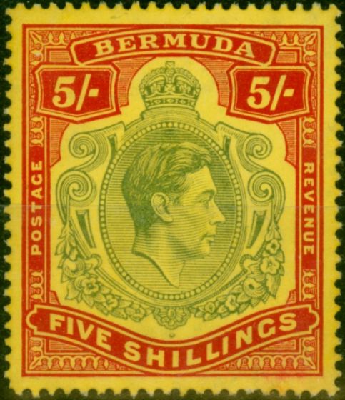 Rare Postage Stamp Bermuda 1942 5s Dull Yellow-Green & Red-Yellow Line Perf SG118b Fine MM
