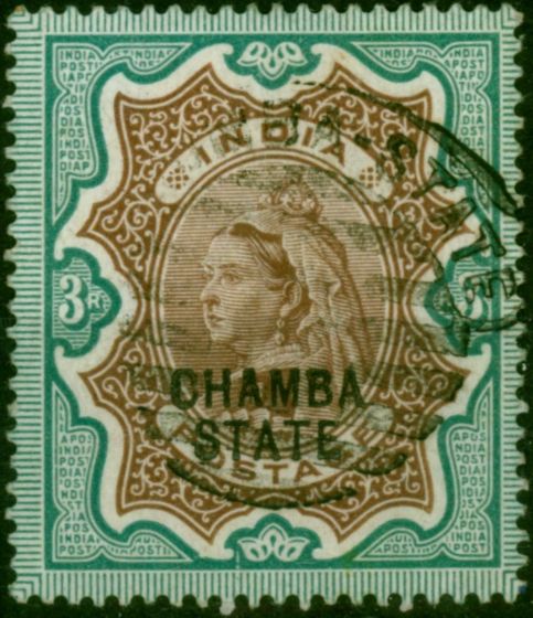 Chamba 1895 3R Brown & Green SG20 Fine Used Scarce . Queen Victoria (1840-1901) Used Stamps