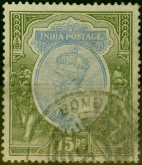 Valuable Postage Stamp from India 1913 15R Blue & Olive SG190 Good Used