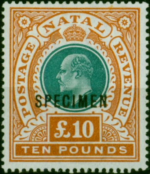Valuable Postage Stamp Natal 1902 £10 Green & Orange Specimen SG145s Fine & Fresh LMM