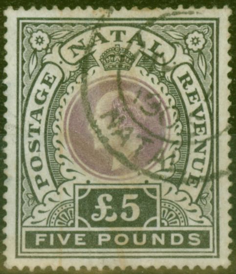 Collectible Postage Stamp from Natal 1902 £5 Mauve & Black SG144 Good Used Cleaned Fiscal Forged Cancel