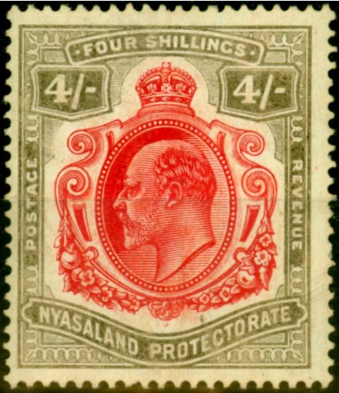 Rare Postage Stamp from Nyasaland 1908 4s Carmine & Black SG79 Fine Mtd Mint