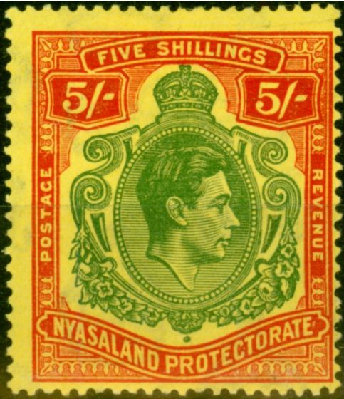 Rare Postage Stamp from Nyasaland 1944 5s Green & Red-Pale Yellow Ordin Paper SG141a Fine Mtd Mint