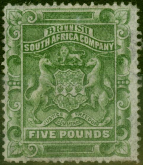 Collectible Postage Stamp Rhodesia 1892 £5 Sage-Green SG12 Fine Used Fiscal Cancel