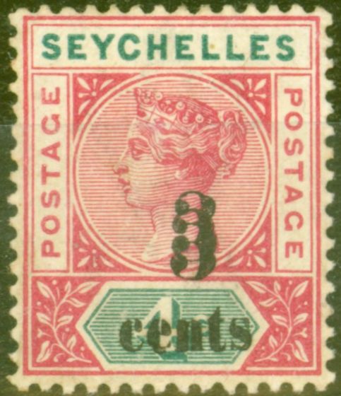 Rare Postage Stamp from Seychelles 1893 3c on 4c No 10 SG15b Surch Double Good Mtd Mint