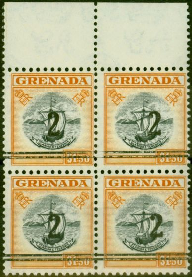 Rare Postage Stamp Grenada 1965 2 on $1.50 Black & Brown-Orange Revenue Fine MNH Block of 4