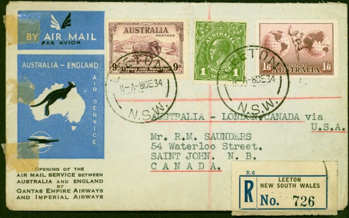 Old Postage Stamp from Australia 1934 Reg Cover to Canada Various Transit & Receiving Back Stamps