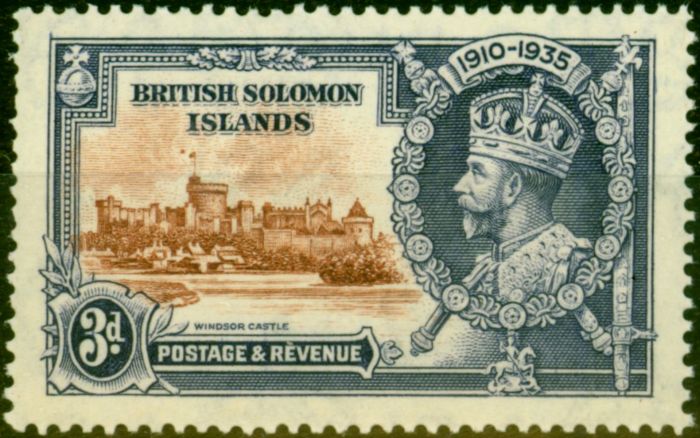 Valuable Postage Stamp from Solomon Islands 1935 3d Brown & Dp Blue SG54H Dot by Flagstaff Fine MNH