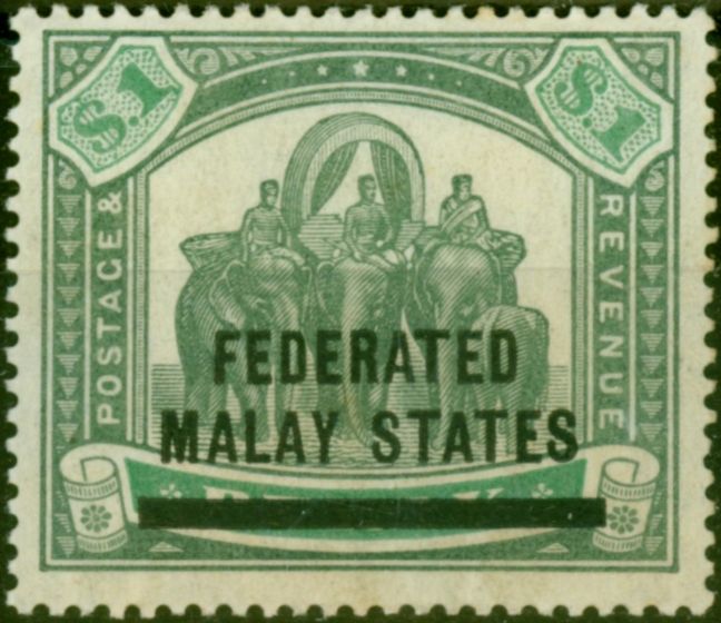 Rare Postage Stamp Fed of Malay States 1900 $1 Green & Pale Green SG11 Fine MM