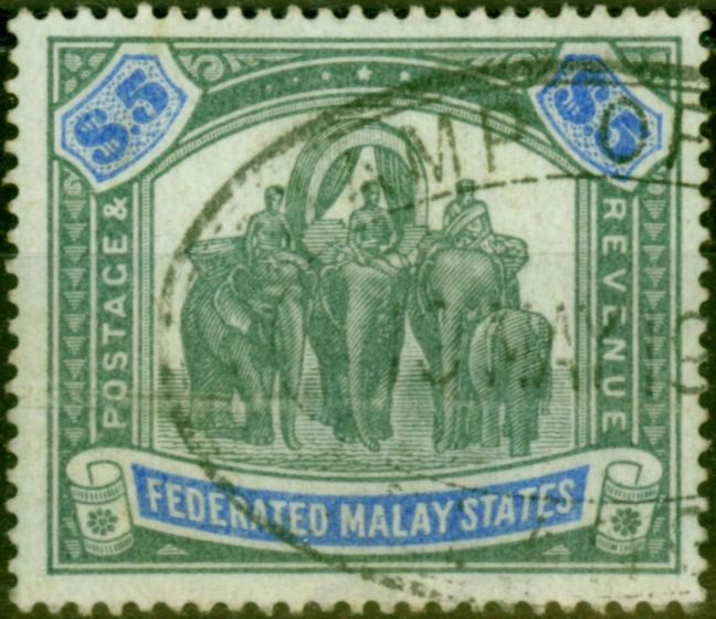 Collectible Postage Stamp from Fed of Malay States 1900 $5 Green & Brt Ultramarine SG25 Good Used Fiscal Cancel