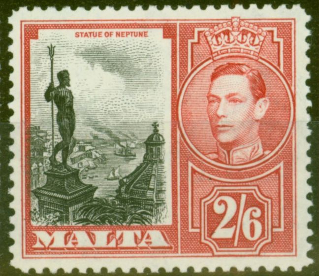 Old Postage Stamp from Malta 1938 2s6d Black & Scarlet SG229 V.F MNH