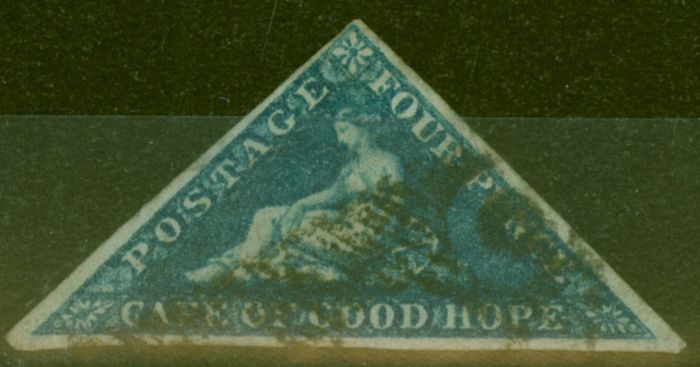 Old Postage Stamp from Cape of Good Hope 1855 4d Dp Blue White Paper SG6 Fine Used