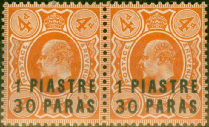 Old Postage Stamp British Levant 1909 1pi 30pa on 4d Brown-Orange SG19 Fine MM Pair