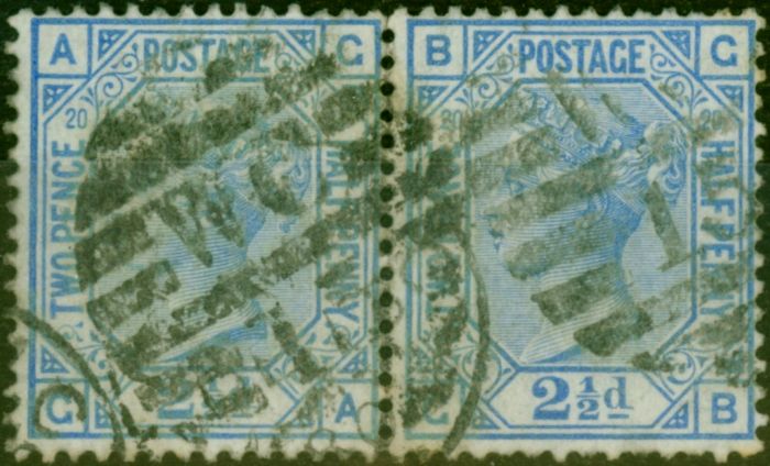 Rare Postage Stamp GB 1880 2 1/2d Blue SG142 Pl.20 Fine Used Pair