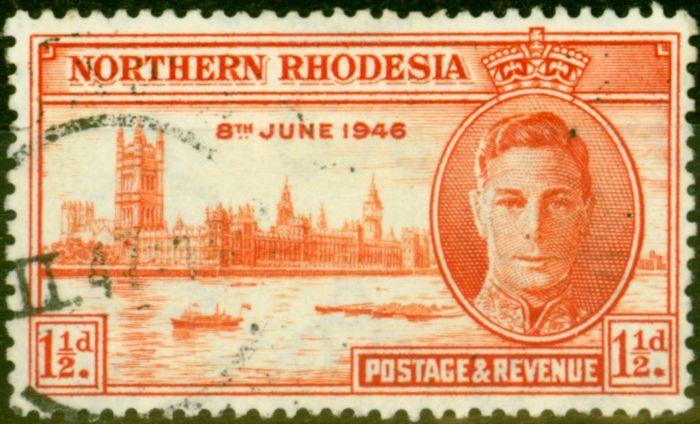 Collectible Postage Stamp from Northern Rhodesia 1946 1 1/2d Red-Orange SG46a P.11.5 Fine Used 6