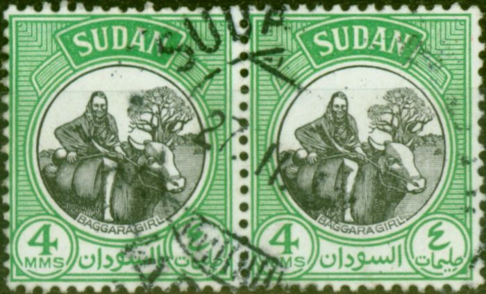 Rare Postage Stamp from Sudan 1950 4m Black & Yellow-Green SG126 Very Fine Used Pair