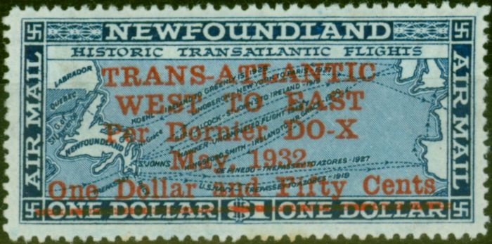 Old Postage Stamp Newfoundland 1932 $1.50 on $1 Deep Blue SG221 Fine & Fresh MM