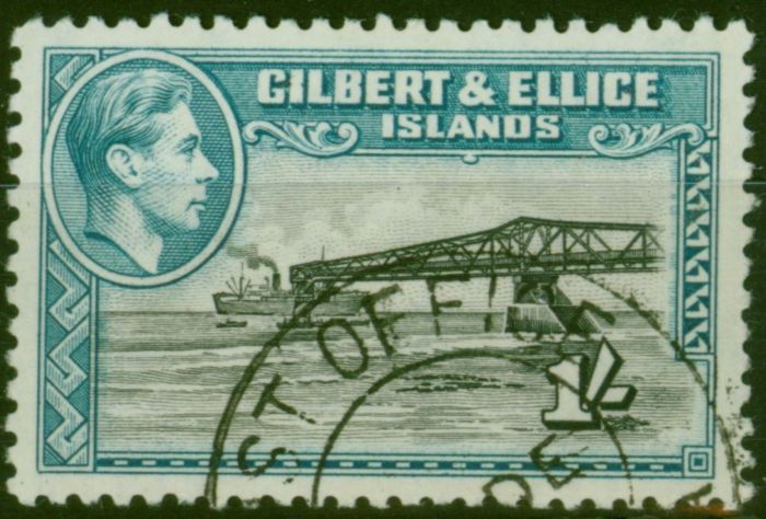 Rare Postage Stamp from Gilbert & Ellice Is 1951 1s Brownish Black & Turq Blue SG51ab P.12 V.F.U