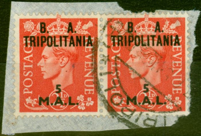 Old Postage Stamp Tripolitania 1951 5l on 2 1/2d Pale Scarlet SGT31 Fine Used Pair on Small Piece