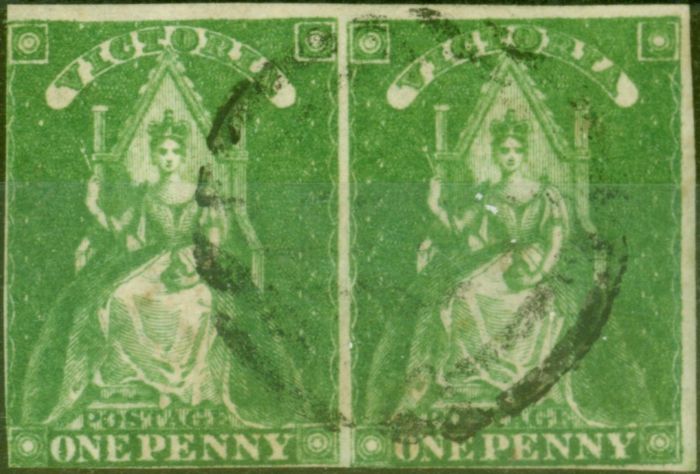 Rare Postage Stamp from Victoria 1856 1d Yellow-Green SG40 Fine Used Pair