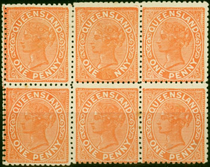 Valuable Postage Stamp Queensland 1895 1d Red-Orange SG206c Var 'ONE NNY' in a Fine MM & MNH Block fo 6