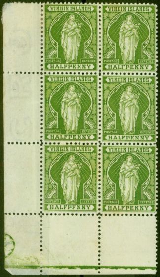 Old Postage Stamp Virgin Islands 1899 1/2d Yellow-Green SG43a & SG43b 'HALF PFNNY' & 'HALI PENNY' Good MM Corner Block of 6