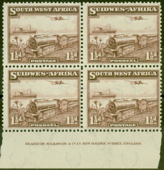 Old Postage Stamp from S.W.A 1937 Mail Train 1 1/2d Purple-Brown SG96 Fine MNH Imprint Block of 4