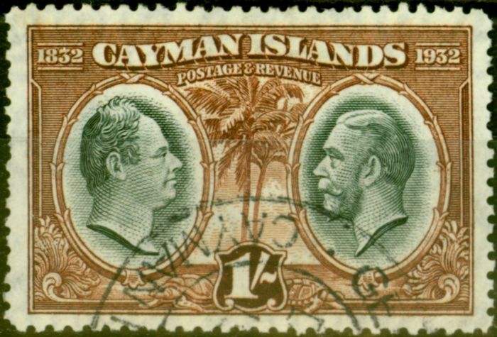 Old Postage Stamp from Cayman Islands 1932 1s Black & Brown SG92 Very Fine Used