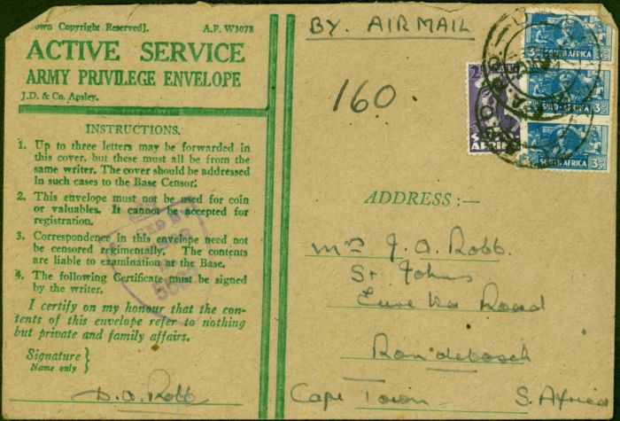 Valuable Postage Stamp South Africa 1945 Active Service Army Privilege Envelope to Cape Town Passed by Censor Fine (2)