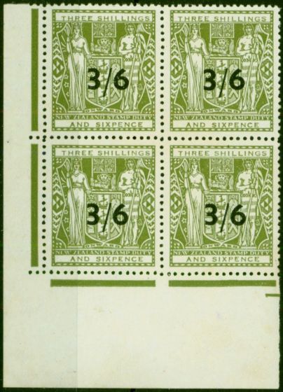 New Zealand 1953 3/6 on 3s6d Grey-Green SGF213w Good MNH Block of 4. Queen Elizabeth II (1952-2022) Mint Stamps
