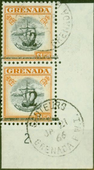 Rare Postage Stamp from Grenada 1965 2 on $1.50 Black & Orange Setting A & B in a V.F Postally Used Vert Pair