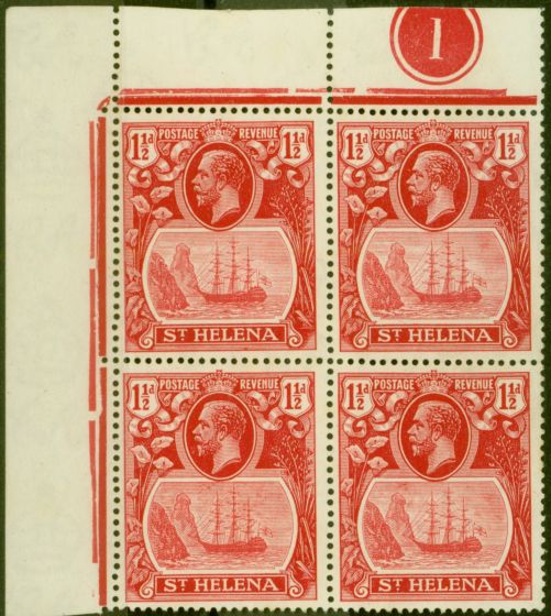 Collectible Postage Stamp from St Helena 1937 1 1/2d Dp Carmine-Red SG99fa Broken Mainmast in a V.F Unused Pl1 Corner Block of 4 Rare