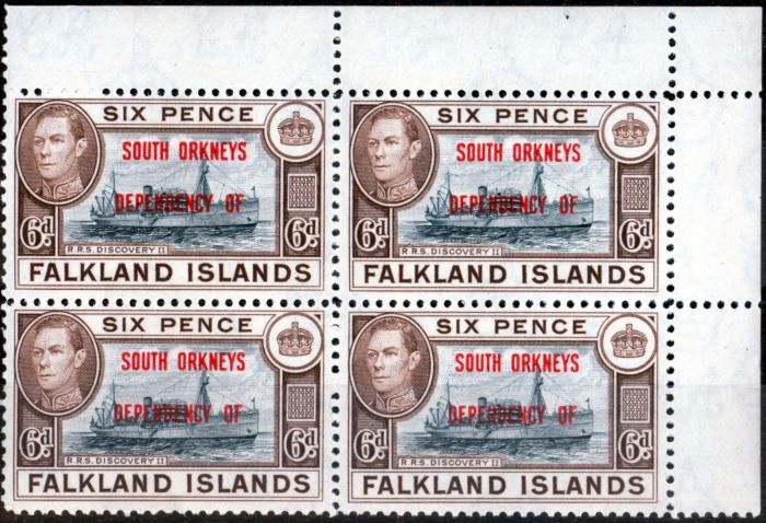 Valuable Postage Stamp from South Orkneys 1945 6d Blue-Black & Brown SGc6a V.F MNH Block of 4
