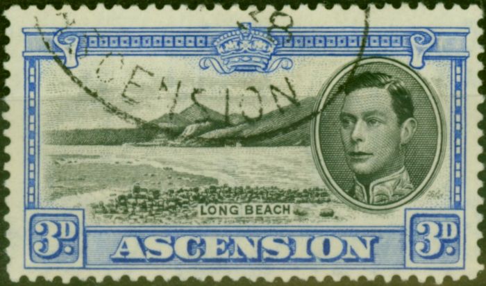 Rare Postage Stamp from Ascension 1938 3d Black & Ultramarine SG42 V.F.U
