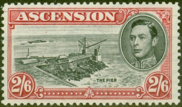 Old Postage Stamp from Ascension 1944 2s6d Black & Dp Carmine SG45c P. 13 Fine MNH