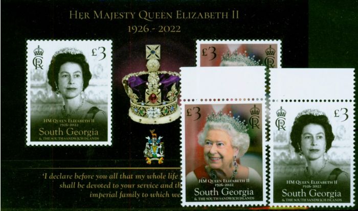 South Georgia 2022 QEII Memorial Set of 3 V.F MNH. Queen Elizabeth II (1952-2022) Mint Stamps