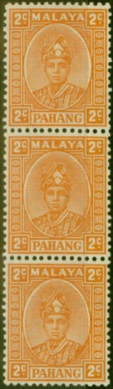 Rare Postage Stamp from Pahang 1935-41 2c Orange Not Officially Issued Fine MNH Strip of 3