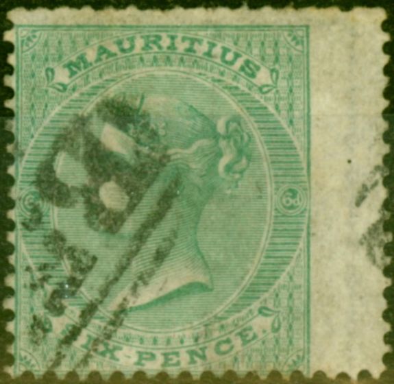 Old Postage Stamp from Mauritius 1865 6d Yellow-Green SG64 Good Used
