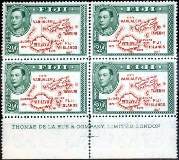 Valuable Postage Stamp from Fiji 1942 2 1/2d Brown & Green SG256 P.14 V.F MNH Imprint Block of 4