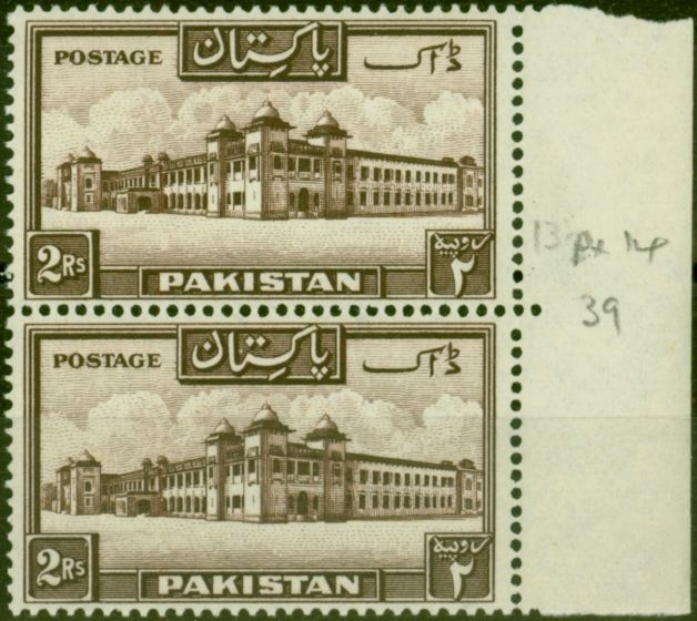 Rare Postage Stamp from Pakistan 1948 2R Chocolate SG39 V.F MNH Pair