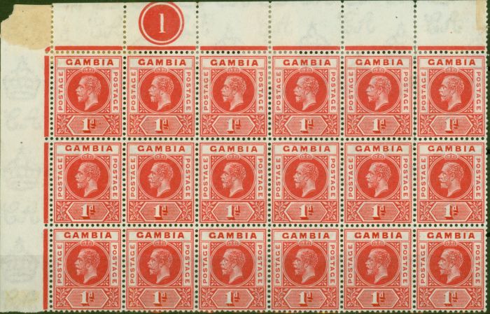 Old Postage Stamp from Gambia 1921 1d Carmine-Red SG109 V.F MNH & LMM Pl 1 Corner Block of 18