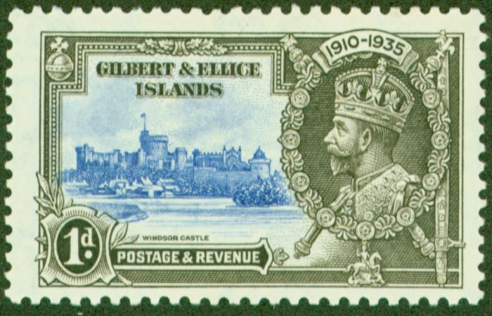 Valuable Postage Stamp from Gilbert & Ellice Is 1935 1d Ultramarine & Grey-Black SG36 Var Diag Line right of Turret Fine Mtd Mint