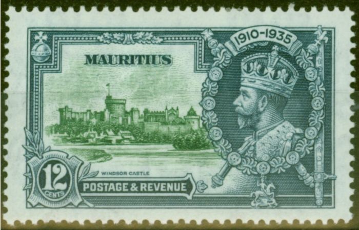 Old Postage Stamp from Mauritius 1935 12c Green & Indigo SG246f Diag Line by Turret V.F Very Lightly Mtd Mint